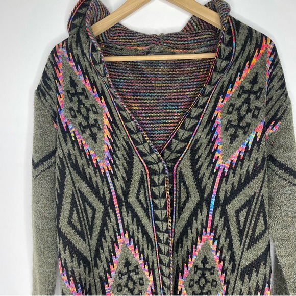 Creation •M• long hooded Aztec colorful wool blend single button cardigan - Picture 2 of 10